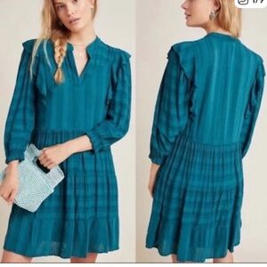 Anthropologie Amadi Rossi ruffle tunic flowy dress Teal green pull on S